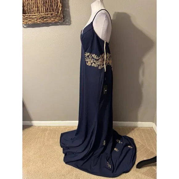 slim fit dress slacks Gold-Beaded Long Navy Faviana Prom Dress main image 1
